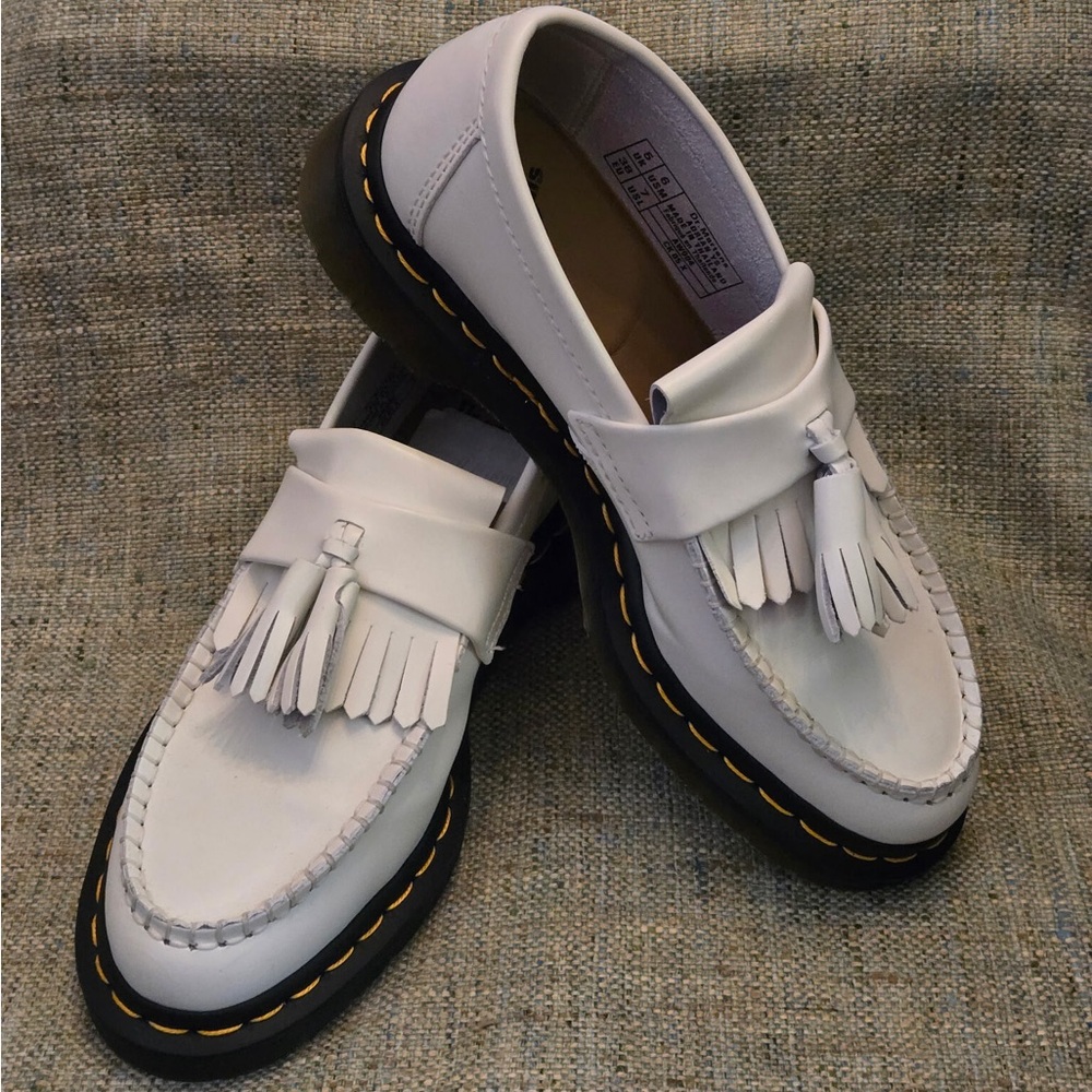 Dr. Martens Adrian Yellow Stitch Leather Tassel Loafers US Women’s Size 7 White